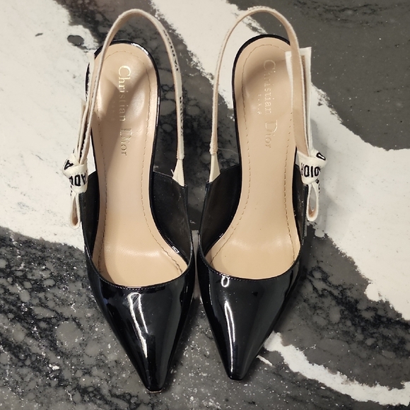 Dior Black Patent Slingback Pumps with White J'Adior Straps - Picture 2 of 5